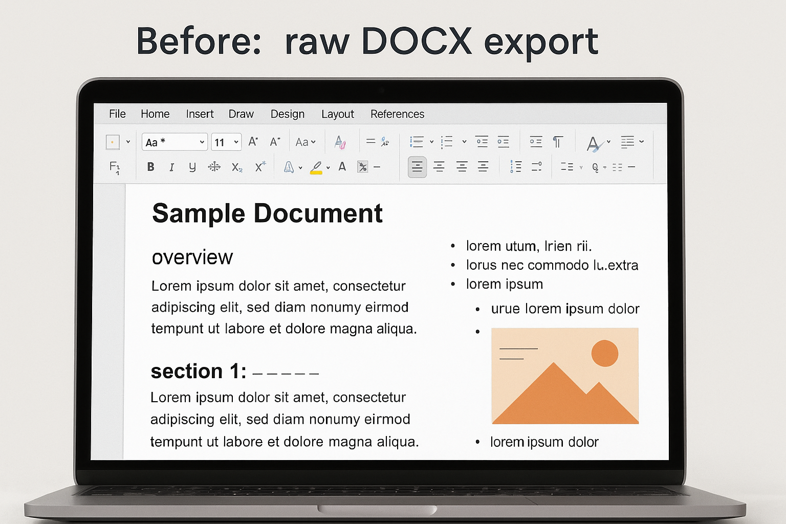 Before: unformatted DOCX viewed on a laptop screen
